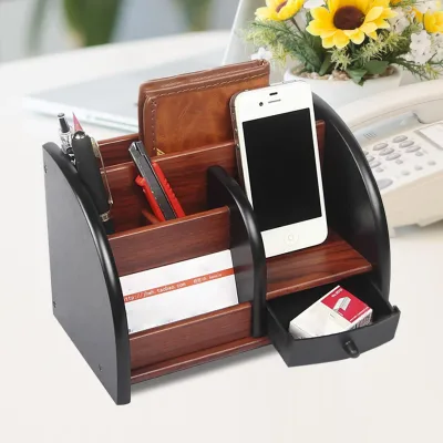 Porte-stylo en bois noir, 5 compartiments