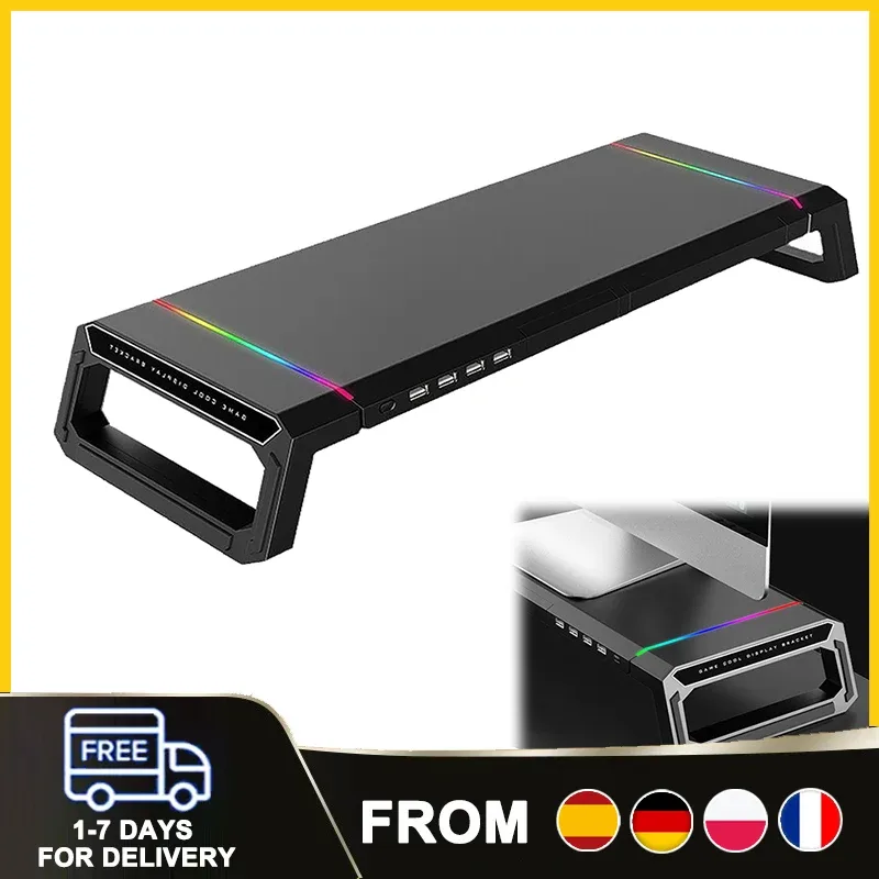 Rehausseur d'écran pliable noir, hub USB